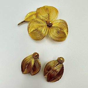 Rarely find Vintage Signed West Germany leaves clip earrings and brooch set